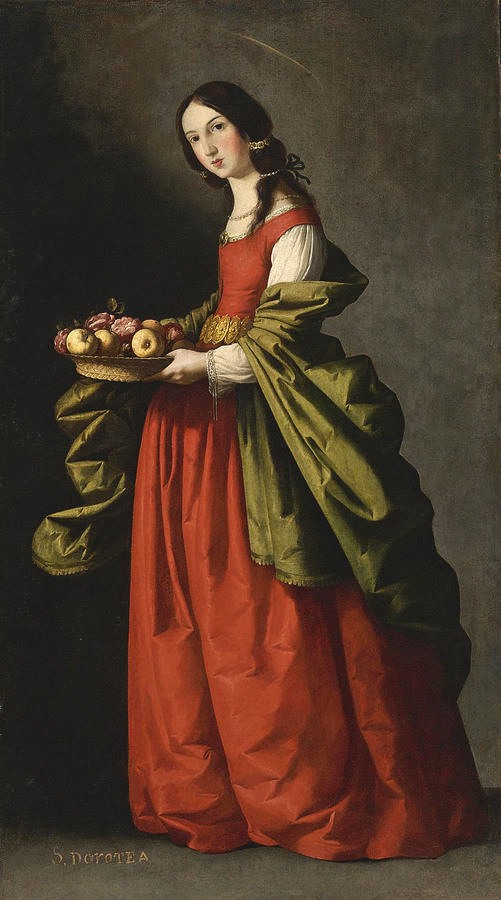 Saint Dorothy full-length holding a basket of apples and roses