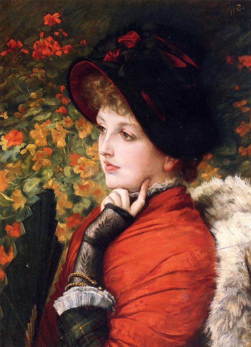 Portrait of Mrs. Kathleen Newton in a red dress and black bonnet