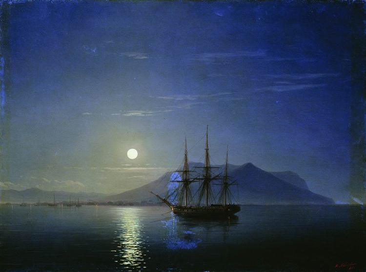 Sailing off the coast of the Crimea in the moonlit night