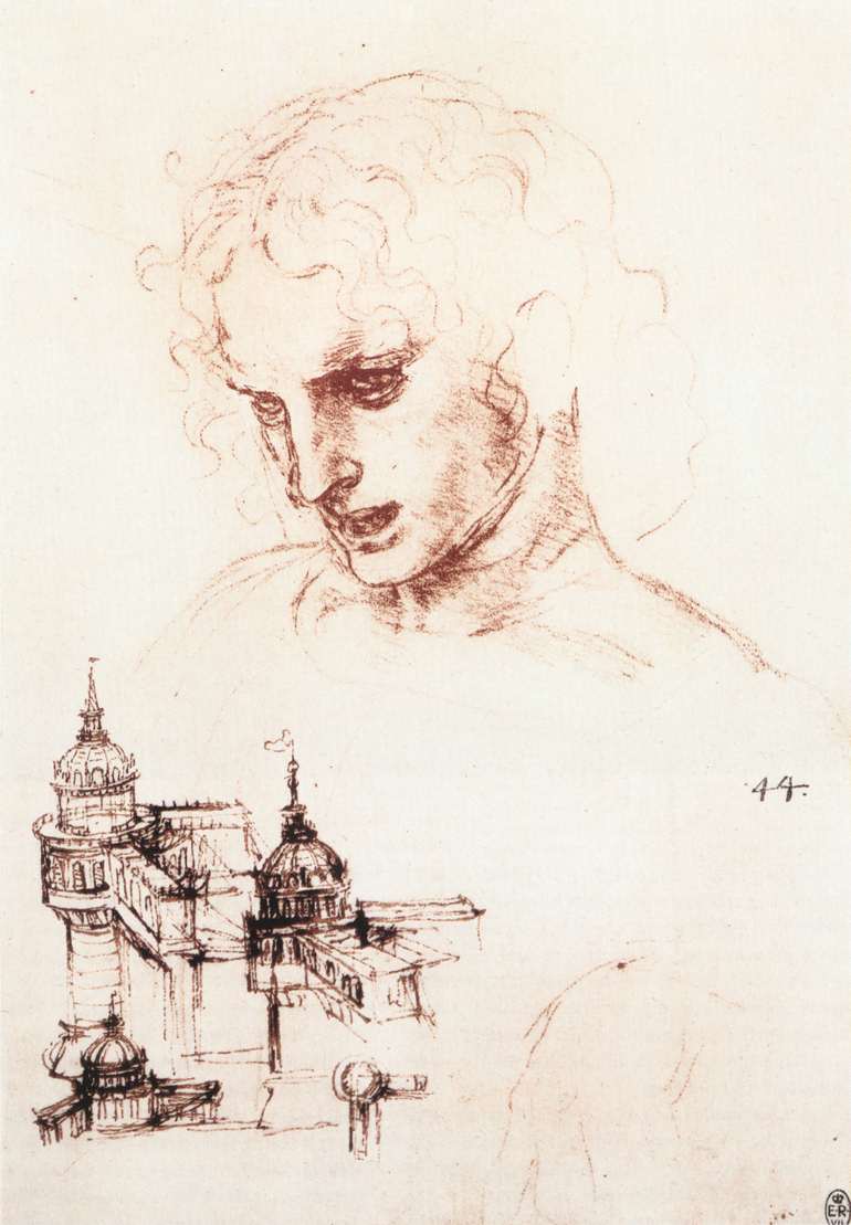 Study of an apostle's head and architectural study by Leonardo da Vinci