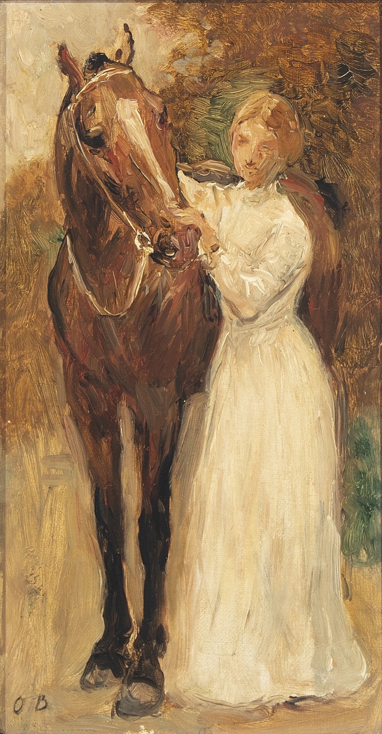 Study of a woman in a white dress with her horse
