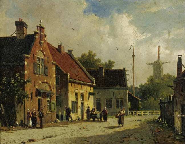 Village Street Windmill In Distance