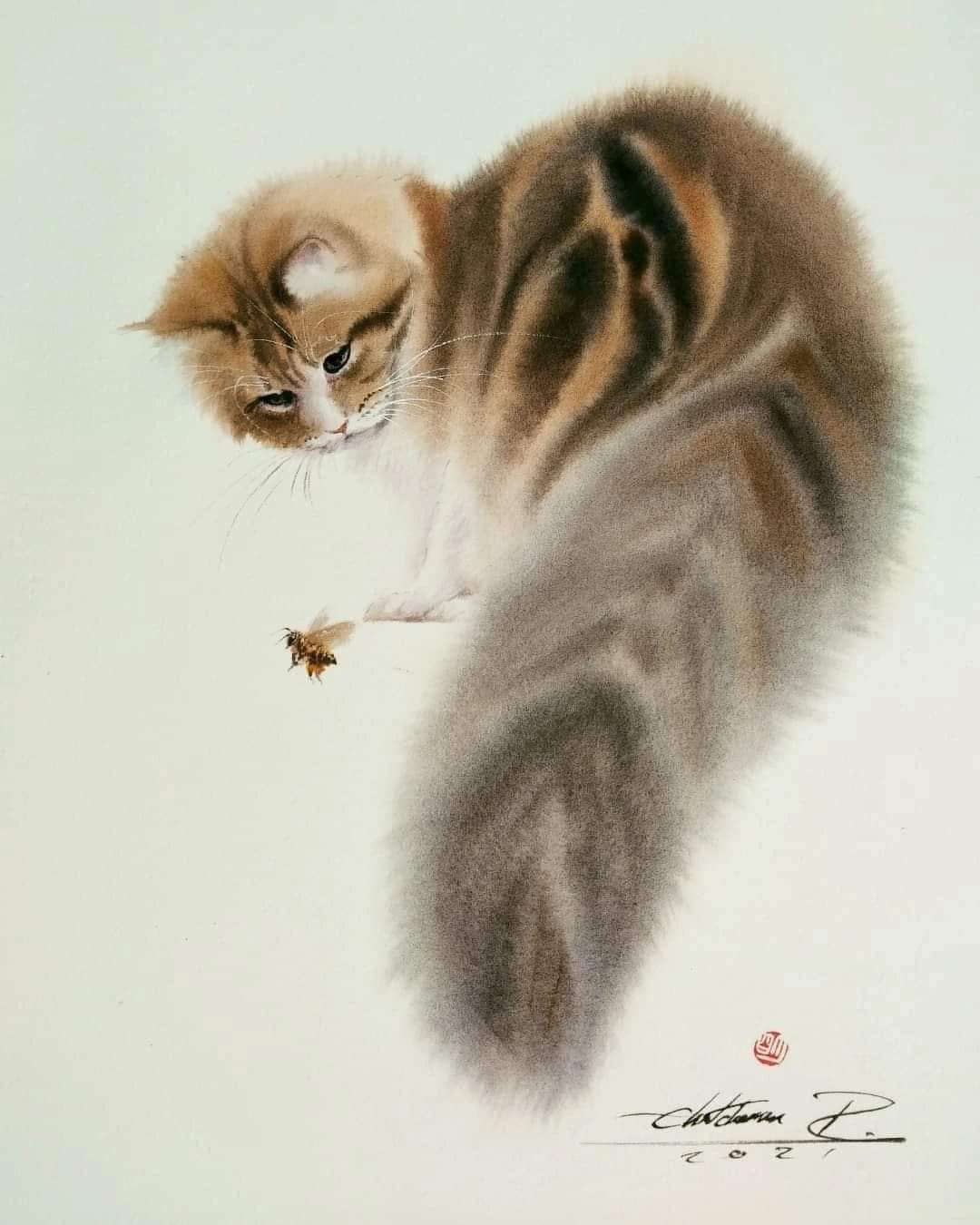Watercolor miracle cats from an artist from Tailand