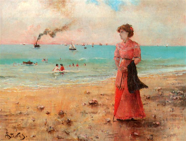 Young Woman With The Red Umbrella By The Sea