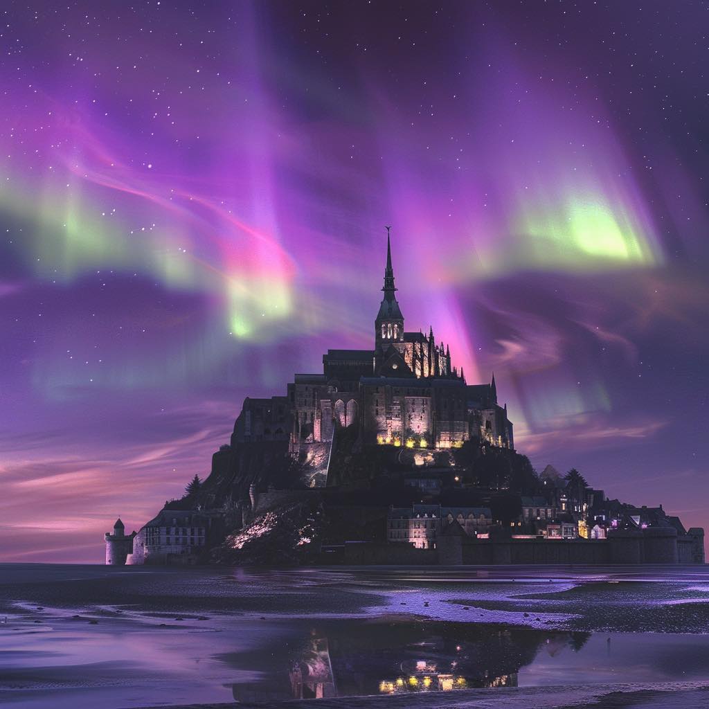 A northern lights display over Mont Saint Michel, France
