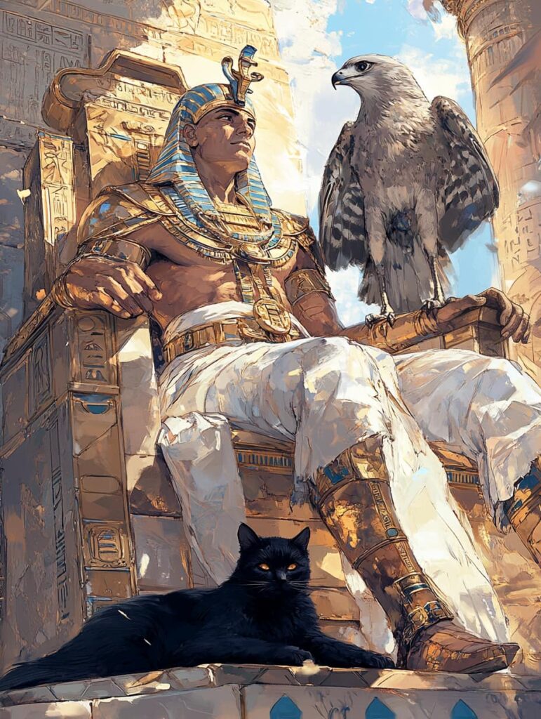 The Pharoah, his falcon, and his cat