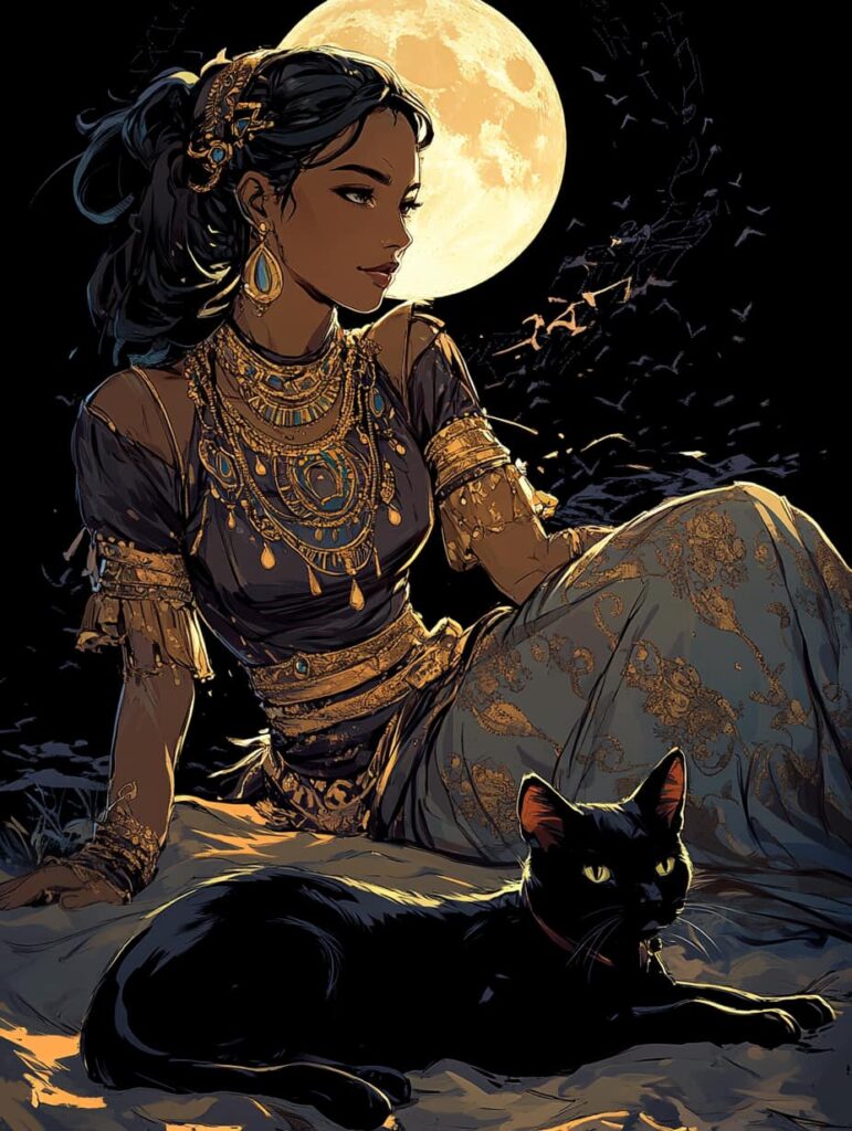 A lady and her cat under the moonlight