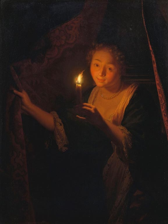 A Girl with a Candle Drawing aside a Curtain