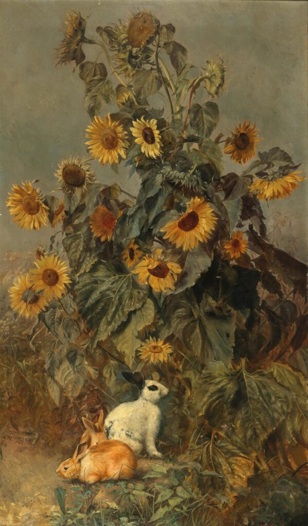 Hares in a Field of Sunflowers