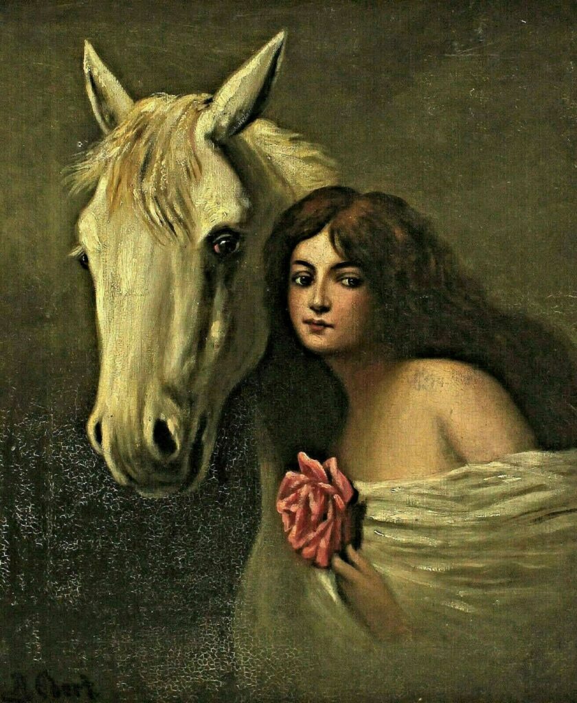 Portrait of a woman with a white horse