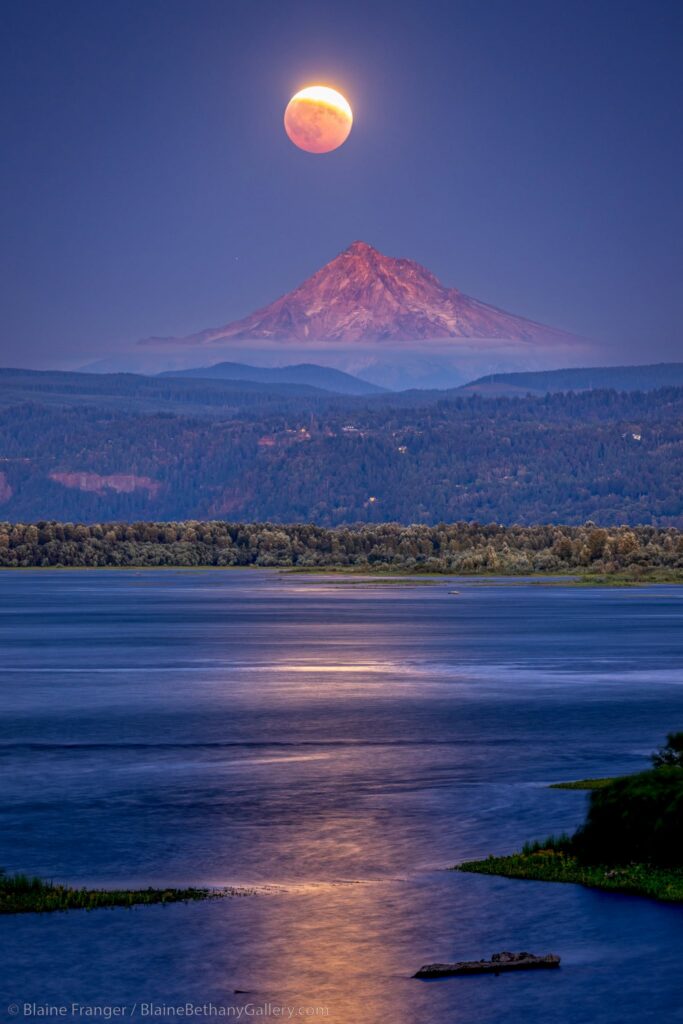 Eclipse moonrise over Mt Hood and the Columbia River