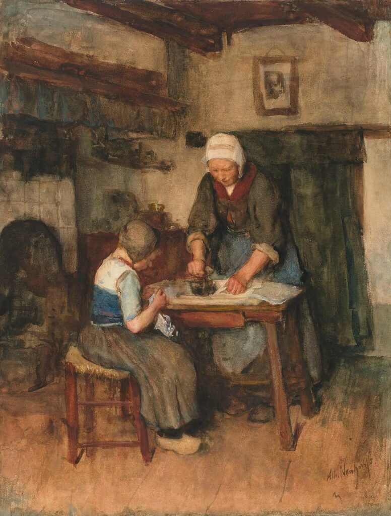 Interior with Woman Ironing and Sewing Child