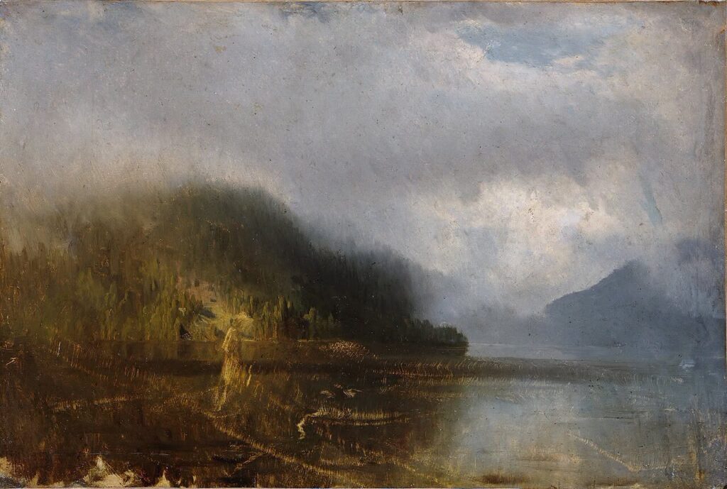Lake in the forest with fog